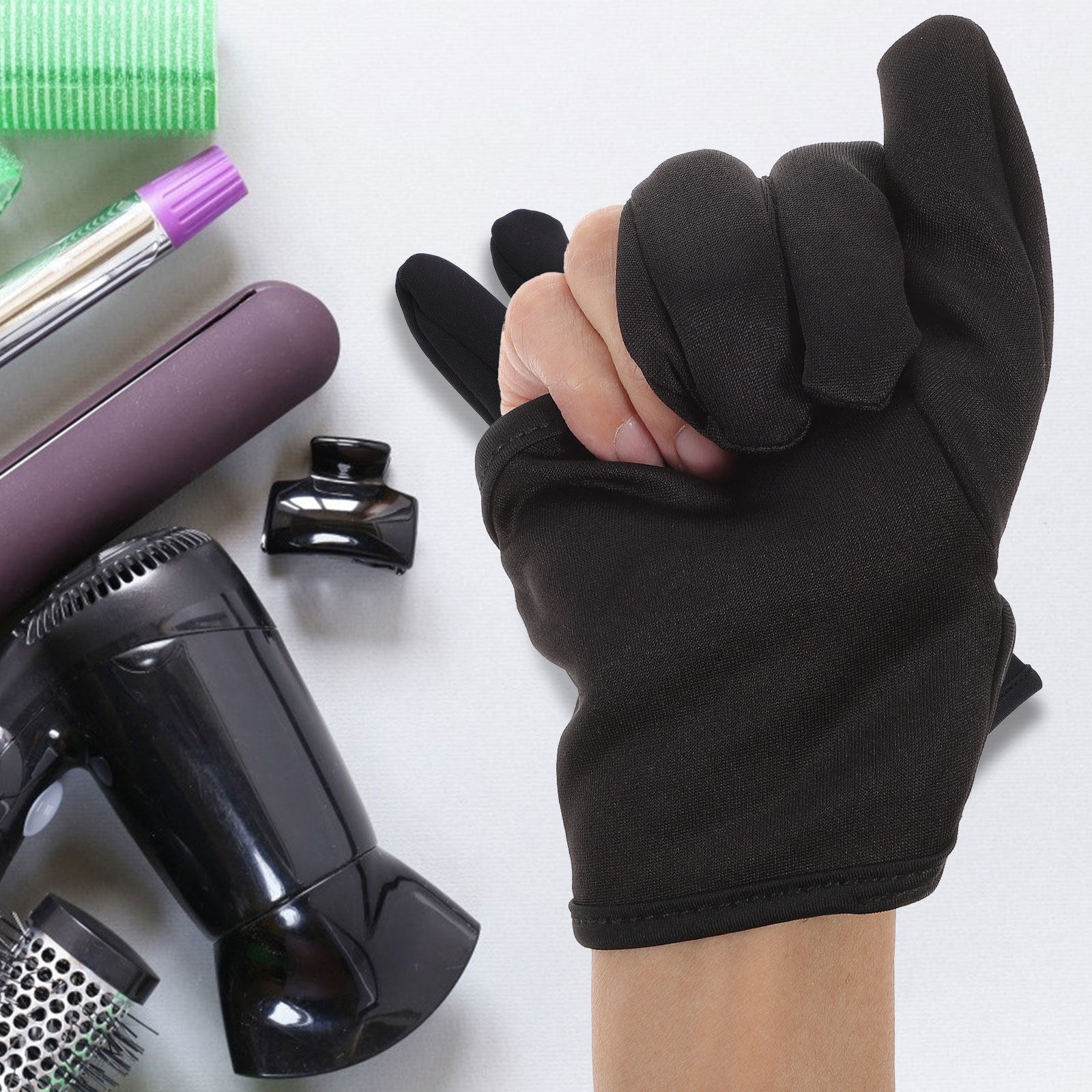Hair Straightener - 3-vinger kappershandschoen, zwart, hittebestendig, voor krullen